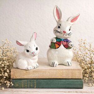 Kitschy Easter Bunny Rabbits Set of 2 VTG Ceramic Patchwork Coat Artist Signed
